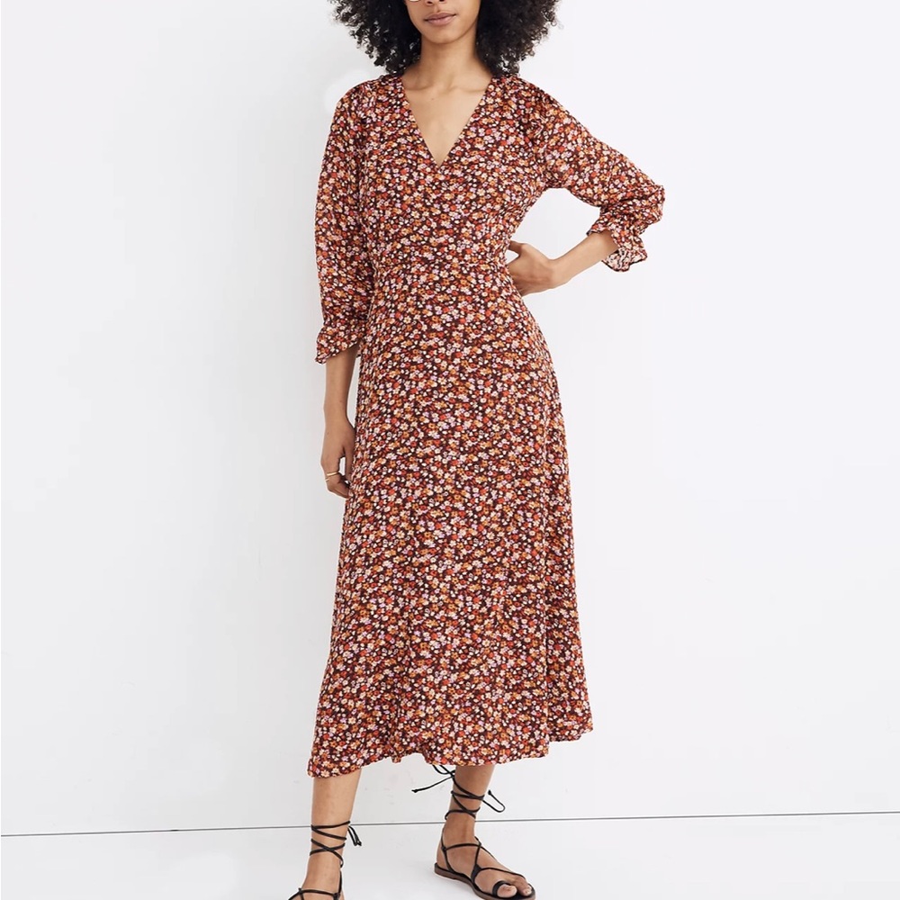Long-Sleeve Crossover Midi Dress in Clipdot Spring Prairie